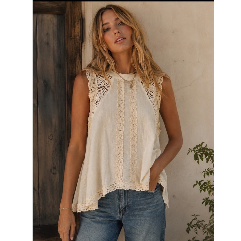 Ecote Urban Outfitters Ivory Crochet Lace Pearl Button Back Tank Top Medium Boho